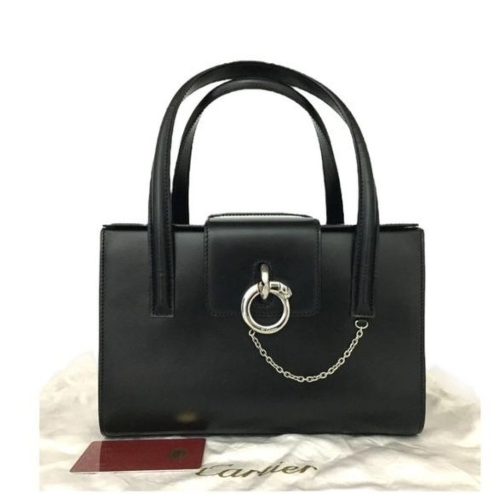 CARTIER Black Panther Leather Hand Bag #3106